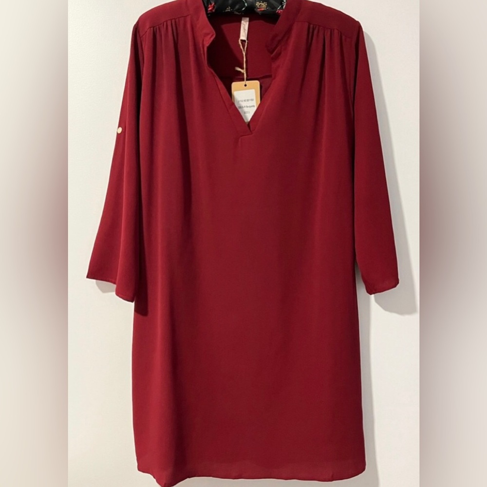 NWT Jardin by Macris Dress red/burgundy sz L lined w/pockets long sleeves w/tabs